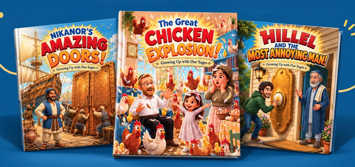 The three books: Nikanor’s Amazing Doors, The Great Chicken Explosion, and Hillel and the Most Annoying Man